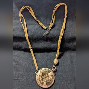 Gold Tone Chunky Oversized Brown Pendant Necklace With Tan Suede Cord